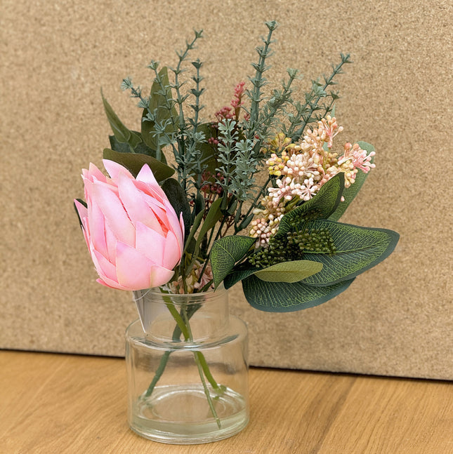 Artificial Flower Bouquet - Protea in Clear Glass Vase - Pink 35cm