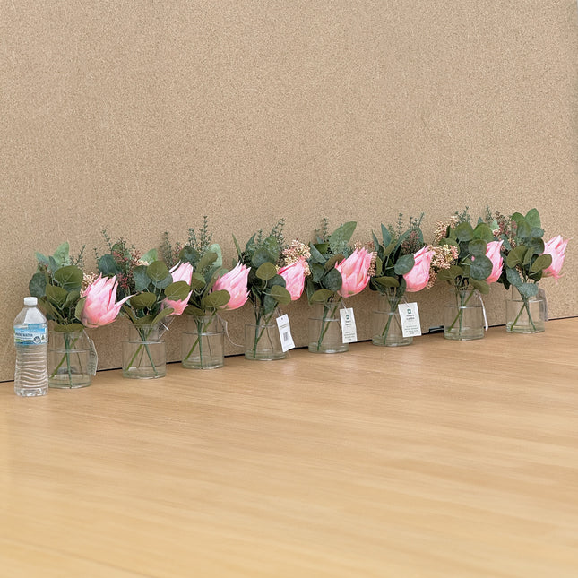 8 jars of Artificial Flower Bouquet - Protea in Clear Glass Vase - Pink 35cm