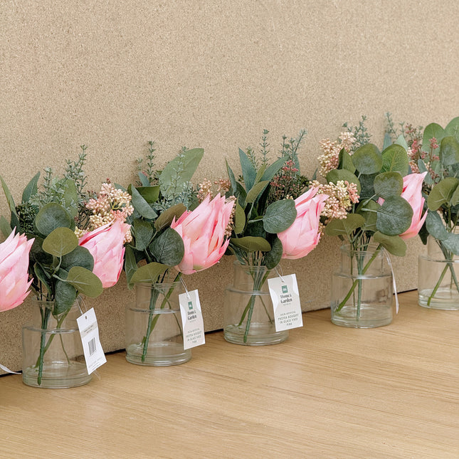 8 jars of Artificial Flower Bouquet - Protea in Clear Glass Vase - Pink 35cm