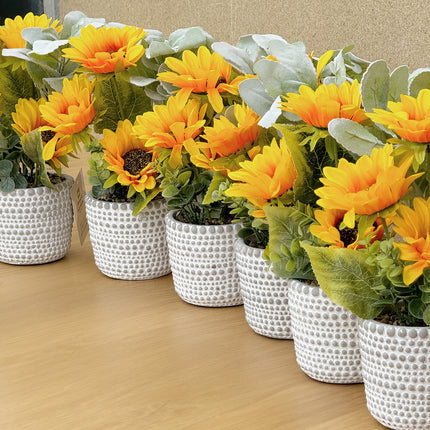 6 pots of Artificial Sunflowers Plants with textured white pots 28cm